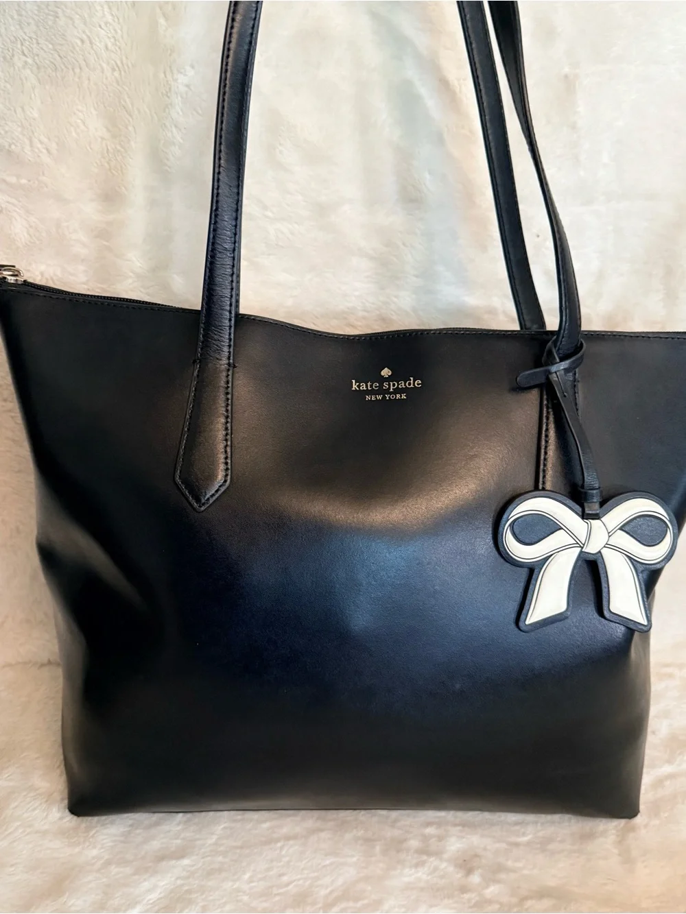 kate spade Black Leather Tote with White Bow Charm